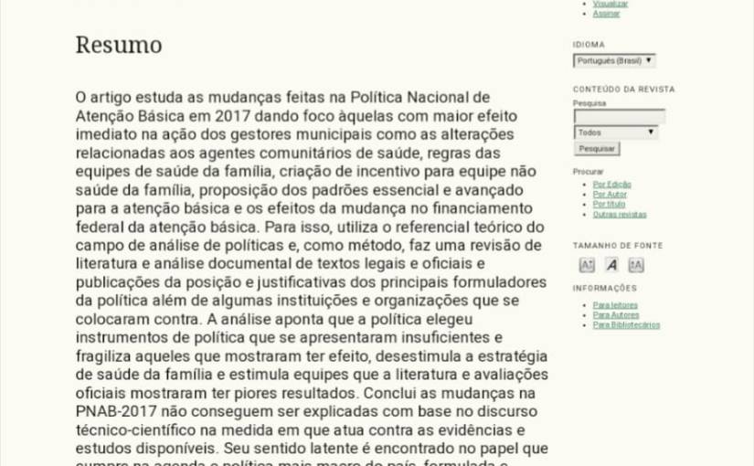 Artigo: ANÁLISE DA MUDANÇA DA POLÍTICA NACIONAL DE ATENÇÃO BÁSICA